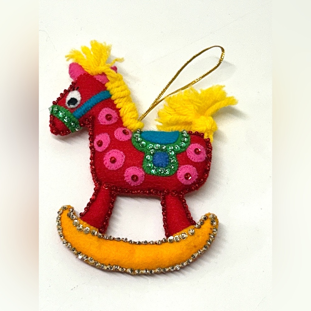 Mid Century Vintage Hand Crafted Sequin Embellished Rocking Horse Xmas Ornament